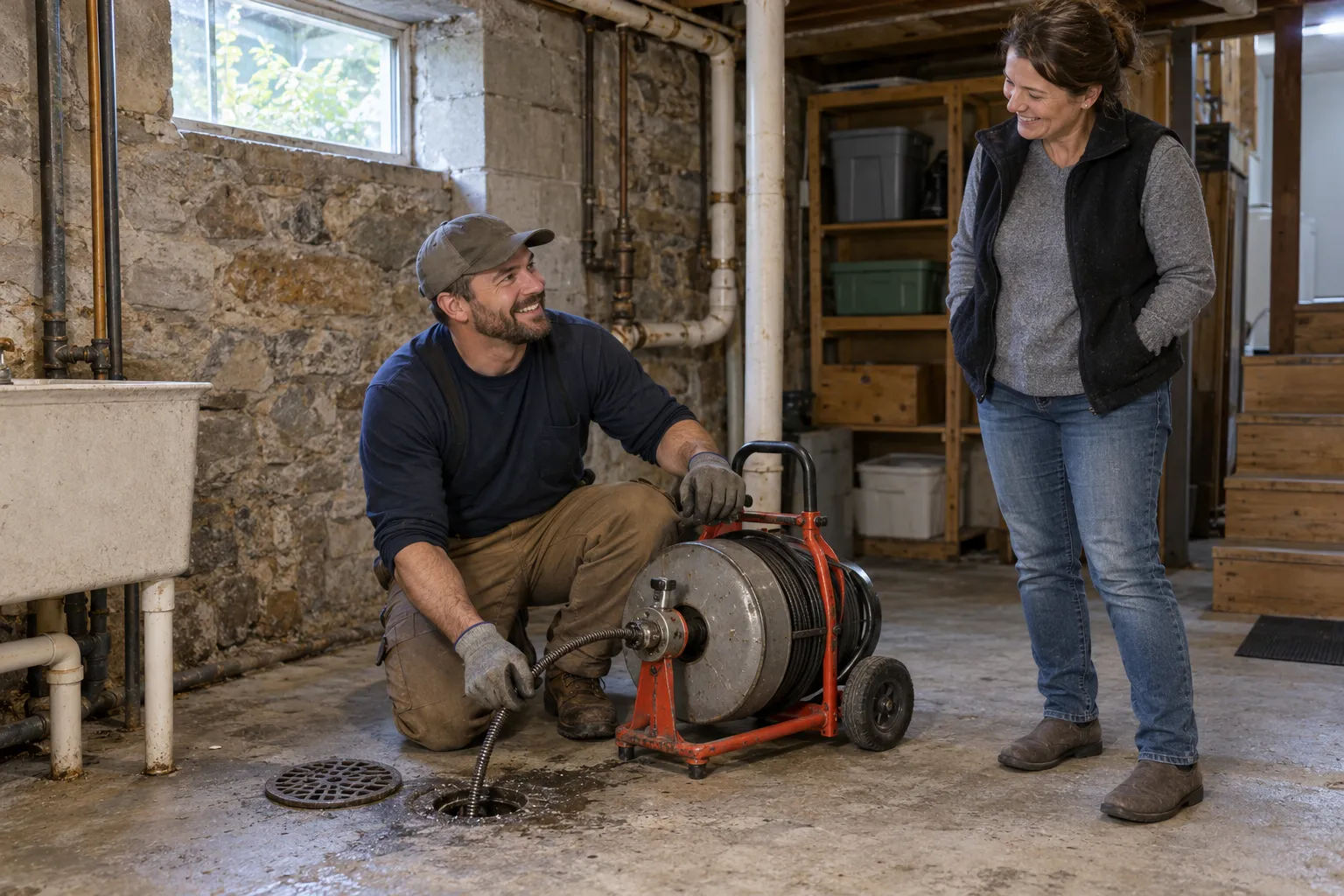 A friendly local plumber kneeling beside a basement floor drain with a drain cable machine, in a home in the Woodbury area