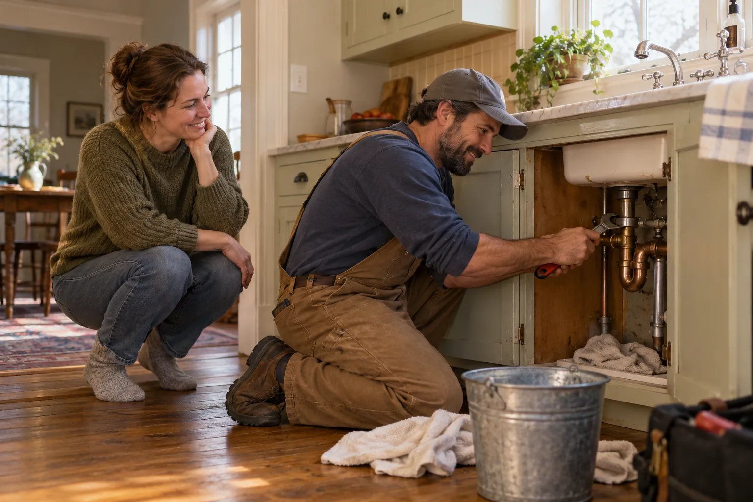 A friendly local plumbing provider checking a pipe under a kitchen sink in a Woodbury home