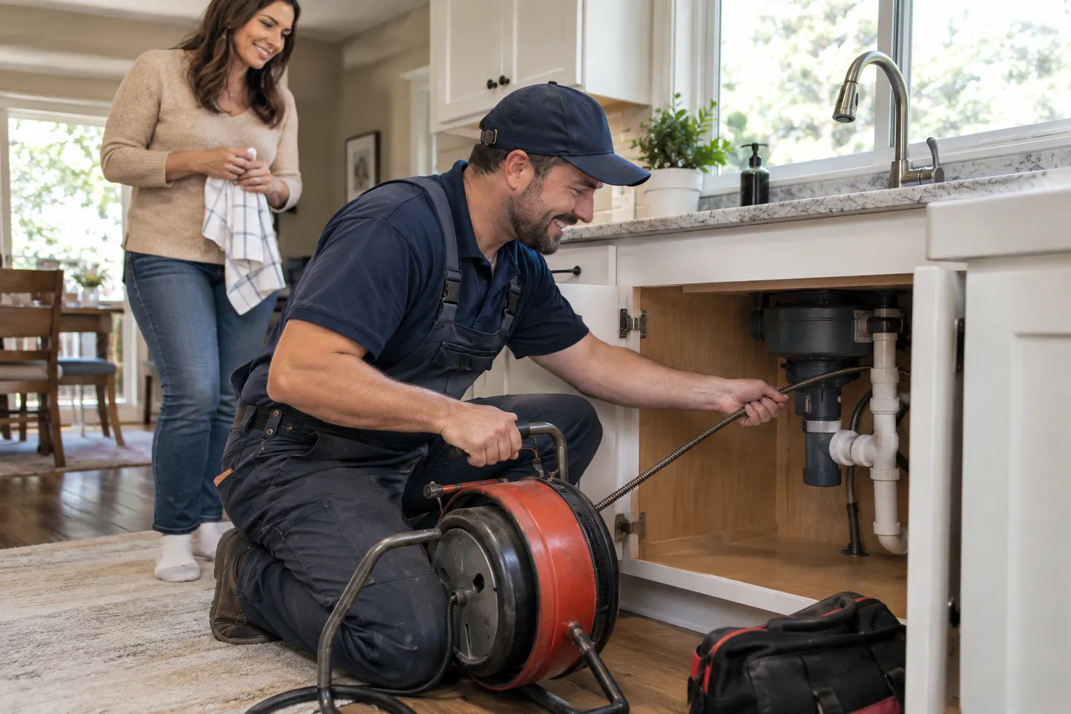 A plumbing provider checking a kitchen sink drain in a home in the Woodbury area